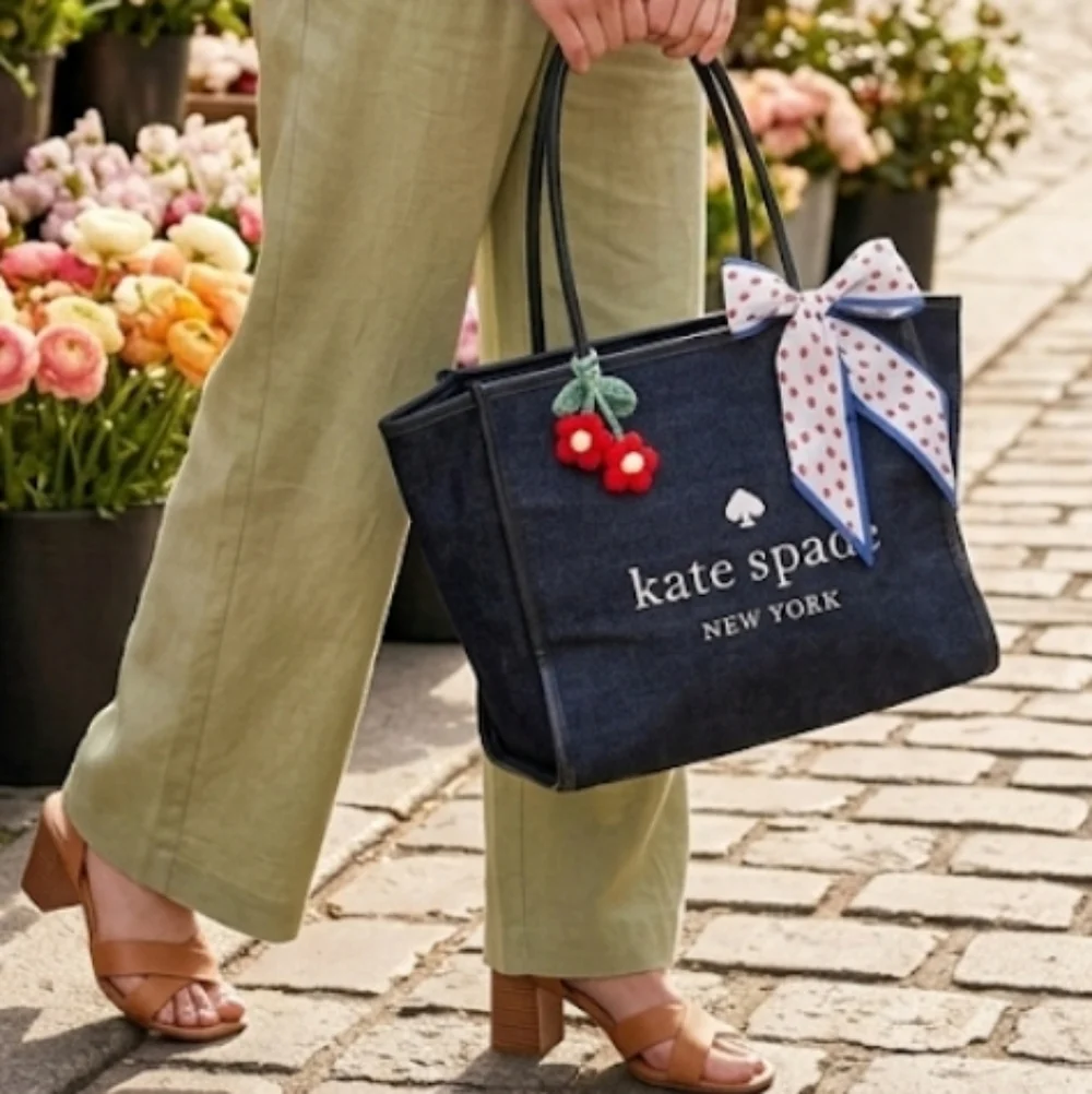 Kate Spade Ella Large Monogram Midnight Blue Denim Tote Bag - Picture 7 of 16